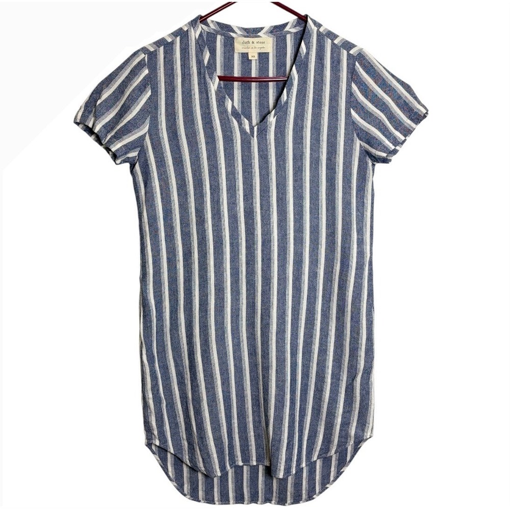 Cloth & Stone Dress Women's XS Blue White Striped Linen Blend V Neck